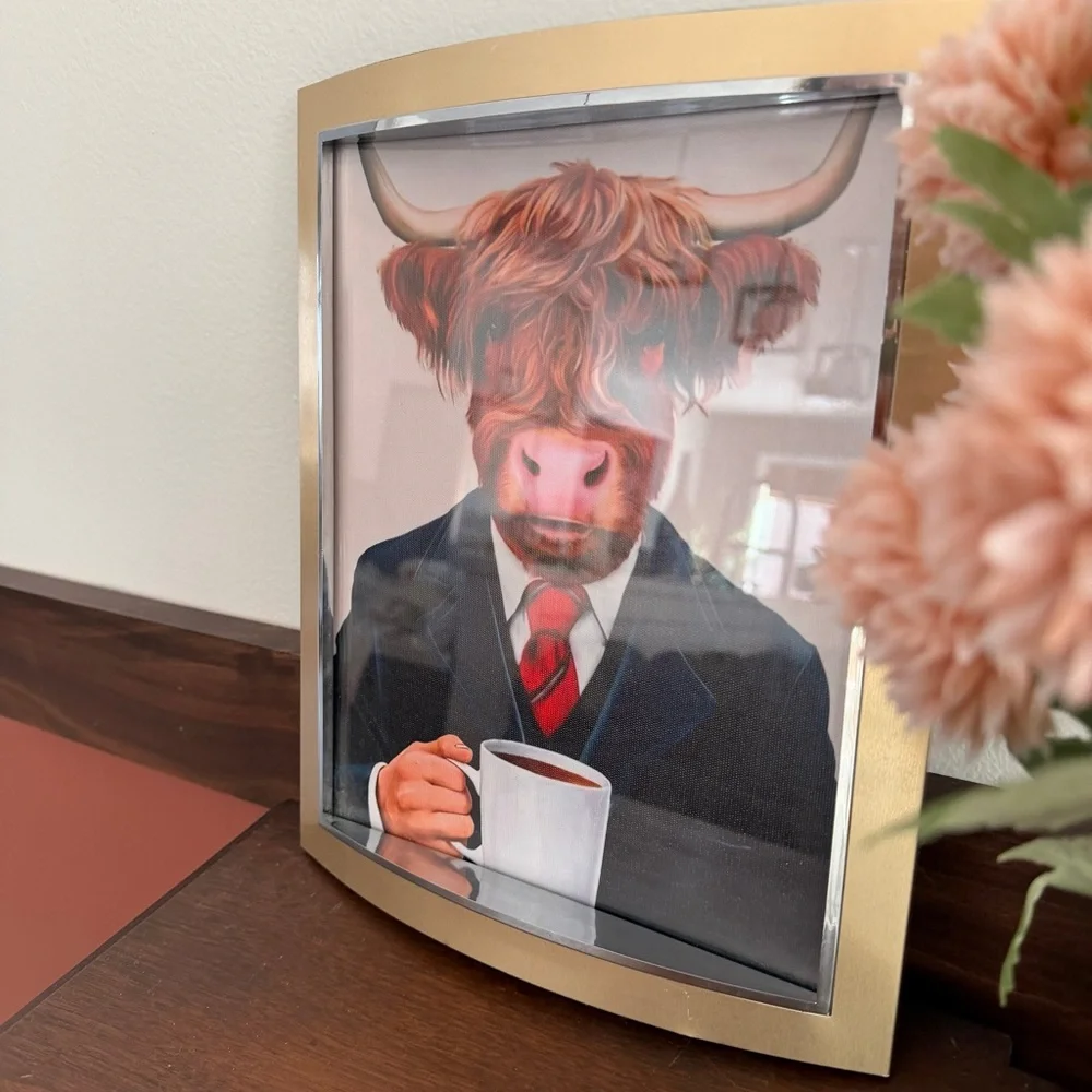 Office Highland Cow in Suit with Coffee Quirky Canvas Art Print Gold Framed Art